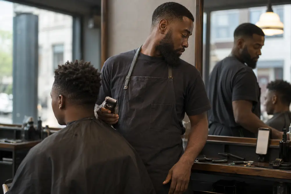 A barber part way through a cut, with the day’s bookings open on the phone propped by the mirror.