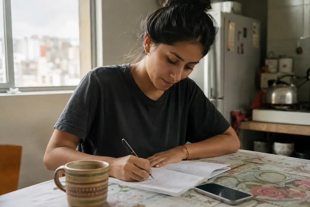 A woman at a kitchen table working out the numbers for a business she has not started yet.