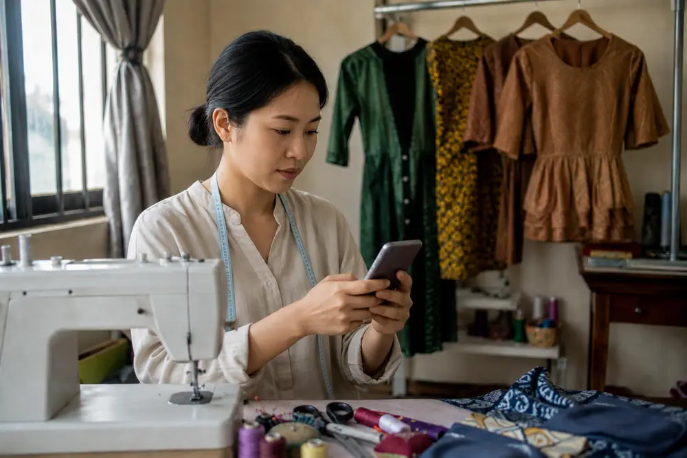 A tailor at her machine with the first finished pieces hung behind her, typing the business she wants to start into her phone.