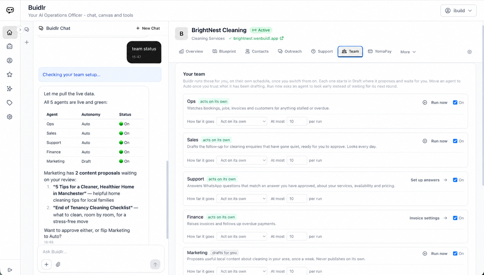 WenBuidl AI business team showing active operations, sales, support, finance and marketing agents for BrightNest Cleaning.