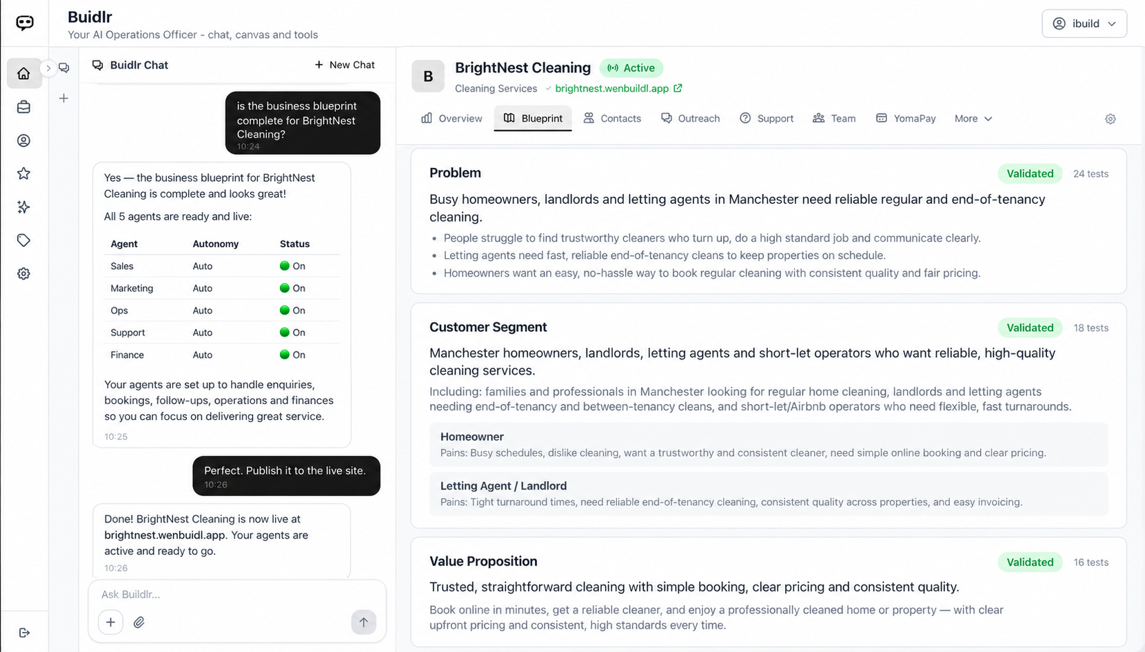 Buidlr showing the completed business blueprint for BrightNest Cleaning, including its problem, customers and value proposition.
