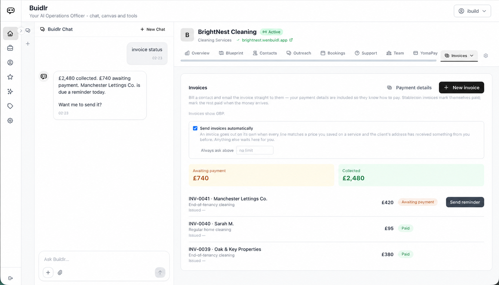 WenBuidl invoices for BrightNest Cleaning showing collected and awaiting totals, invoice statuses and Buidlr reporting payment status in chat.
