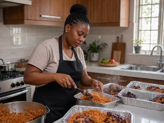 A caterer plating food for an order in a kitchen in Accra.