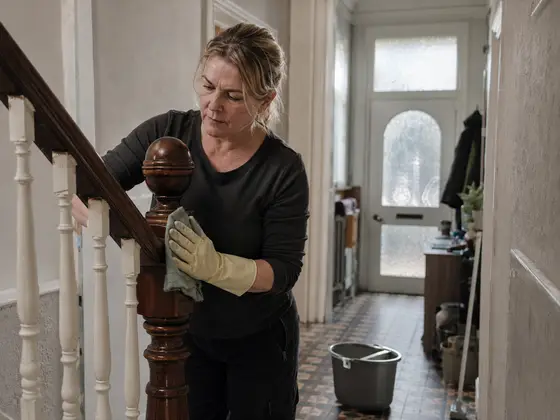 A cleaner wiping down the banister at the foot of the stairs in a terraced house in Manchester.