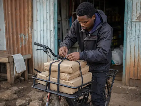 A courier strapping parcels onto the rack of a bike outside a shop in Nairobi.
