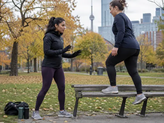 A personal trainer taking a client through a session in a park in Toronto.