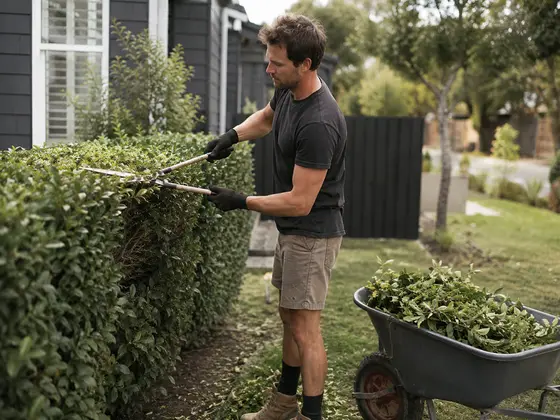 A gardener cutting back a hedge in a suburban garden in Melbourne.