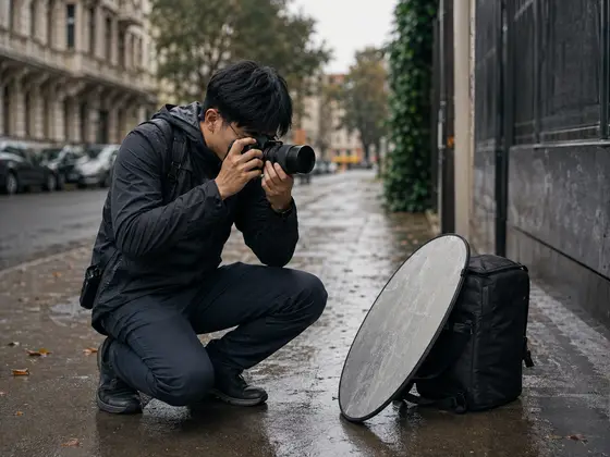 A photographer crouching to take a shot on a wet street in Berlin.