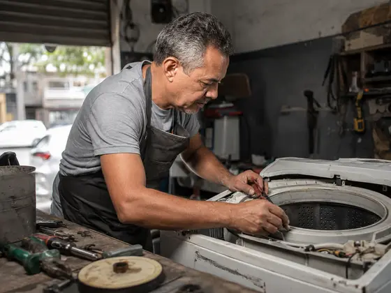 A repairer fixing a washing machine in a workshop in São Paulo.