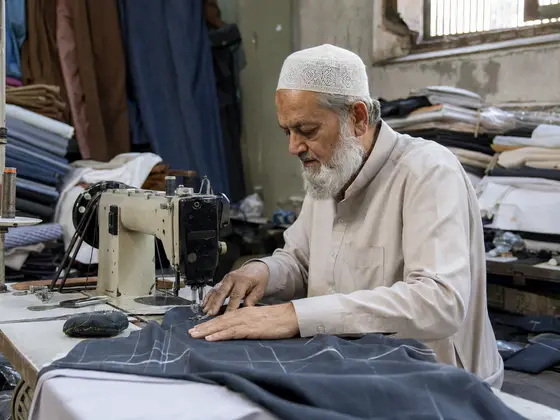 A tailor guiding fabric through a sewing machine in a workroom in Lahore.
