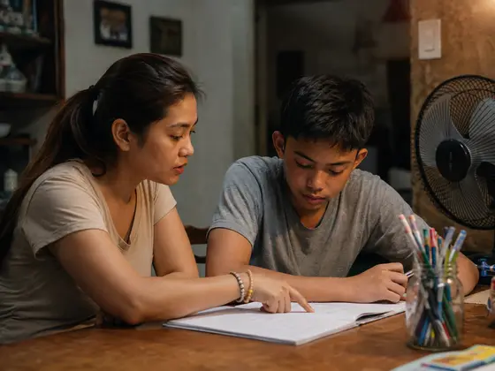 A tutor working through a maths problem with a teenager in Manila.